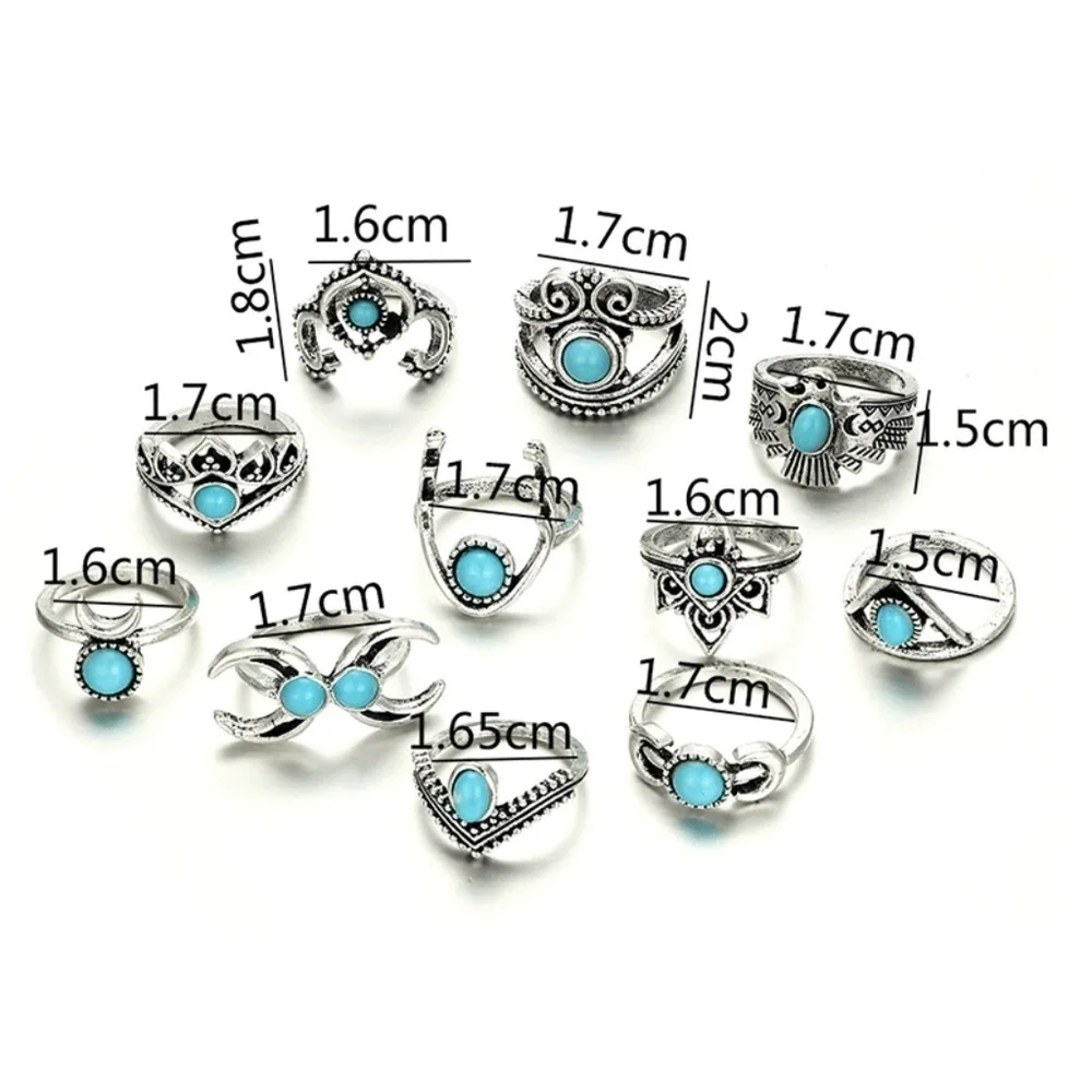 *HALONA* 11-Pc Silver Moon x Turquoise Ring Set